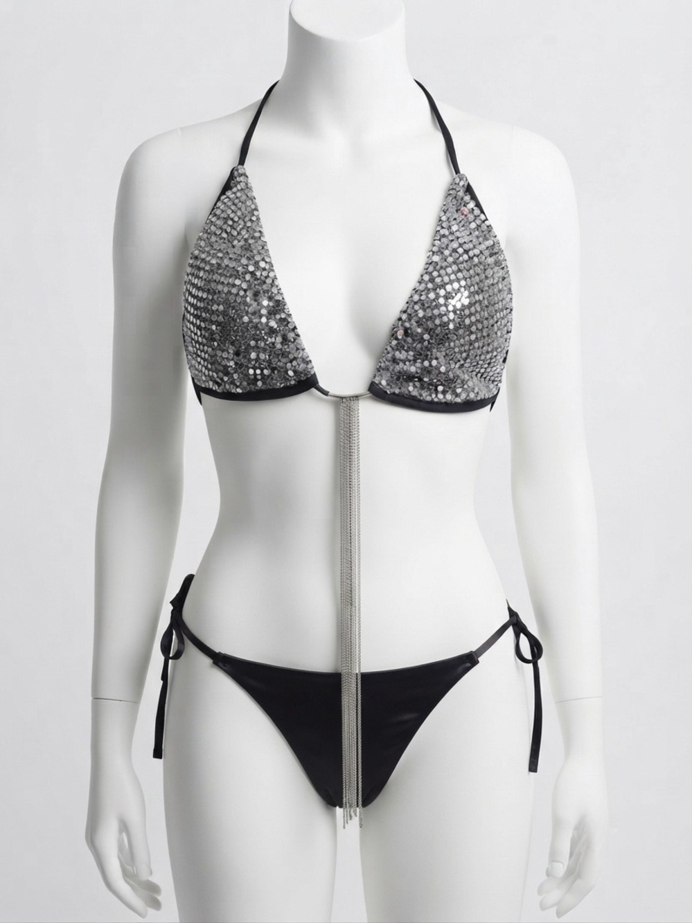 KIZN Sequin Festival Bikini Set Metallic Ball Chain Fringe Rave Swimsuit M
